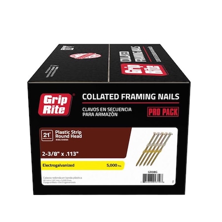 Grip-Rite Collated Framing Nail, 2-3/8 in L, 12 ga, Electro Galvanized, Round Head, 21 Degrees, 5000 PK GR08G